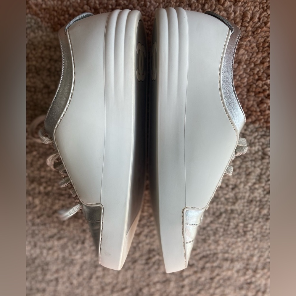 Chanel White Silver 7.5 Lace Chevre Sneakers Rubber Leather Made in Italy Coco - Picture 9 of 12